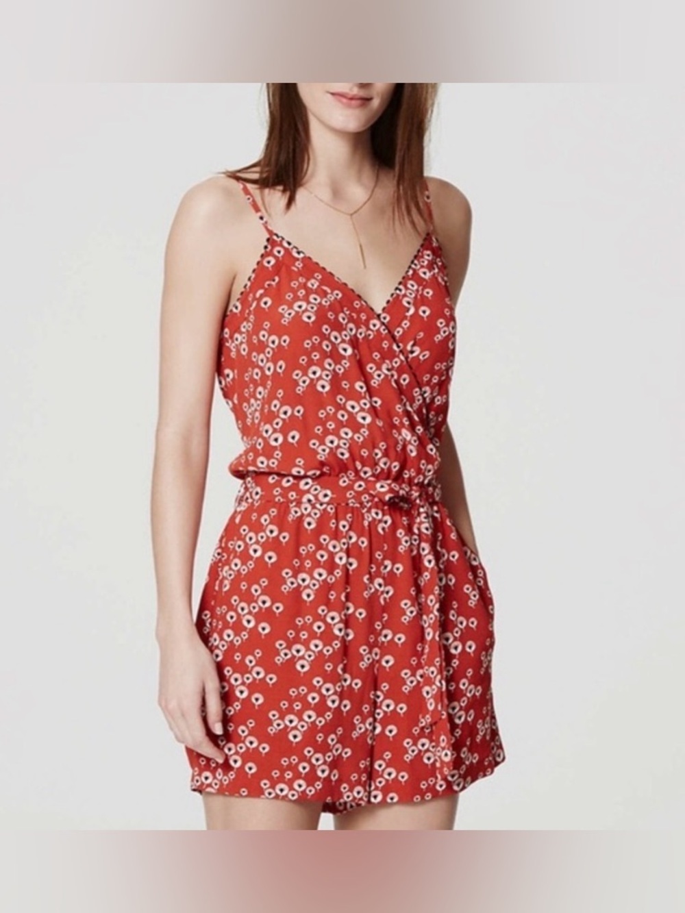 LOFT Burnt Orange Wrap Front Strappy Dandelion Floral Belted Romper Sz S - Picture 1 of 12